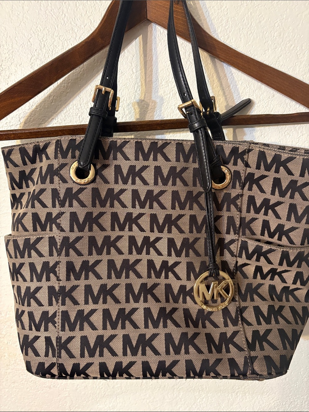 Michael Kors Tan and Black MK Logo Tote with Gold Accents